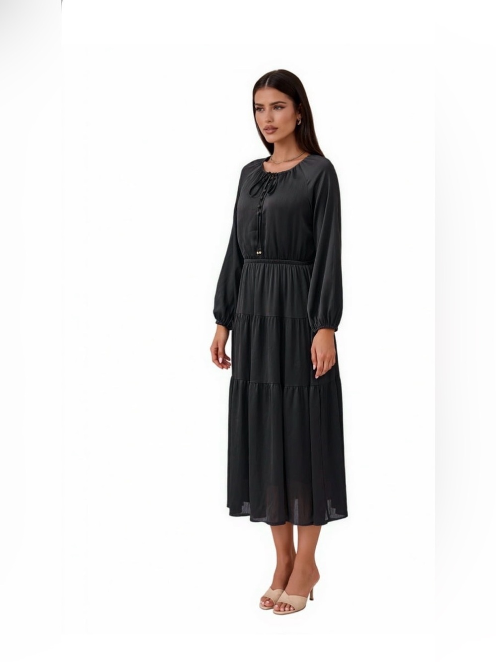 Long Sleeve Blue Tiered Midi Dress